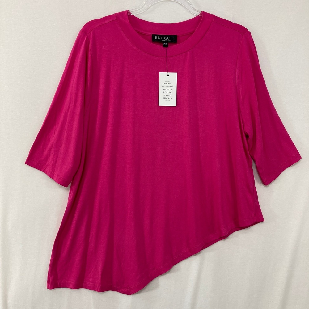New Eloquii Asymmetric Hem Top 18/20 Pink Magenta Elbow Sleeve Crew Neck Knit